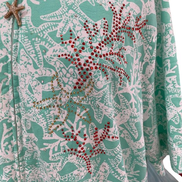 Quacker Factory Coastal Beach Starfish Rhinestone Zip Coverup Lounge Hoodie-2X - Picture 3 of 16